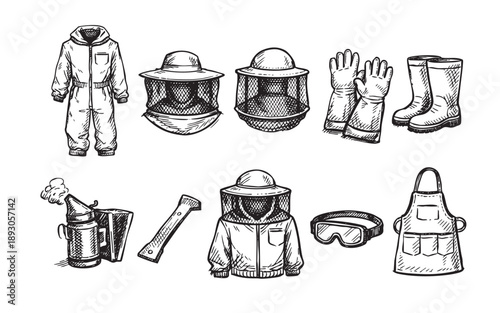 Line drawing of beekeeping equipment, includes suit, smoker, hive tool, gloves, hat and goggles on a white background, suitable for educational content.