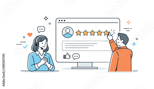 Positive Customer Feedback. Customer service feedback. Client leaving a review or rating on a screen while support agent observes positively. Trust,
