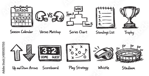 Hand-drawn style black and white sketches of football elements, including a calendar, helmets, trophy, stadium, play strategy, and scoreboard, ideal for sports content.