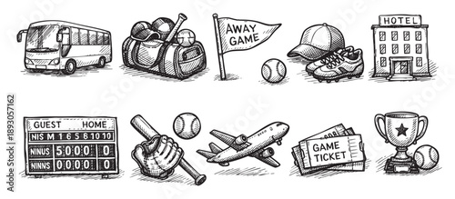 A sketched illustration shows a baseball team's journey, including a bus, hotel, plane, tickets, and baseball equipment, representing an away game and team success.