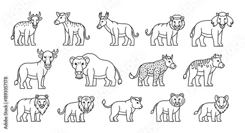 Nine black and white animal line drawings arranged in grid pattern
