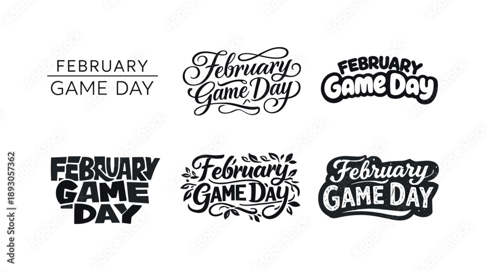 Fototapeta premium Creative Lettering Grid. February Game Day vibes. Set lettering. harmonious lettering variations of the same emblematic concept, each with different artistic