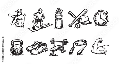 Black and white illustration featuring fitness and sports equipment, including baseball gear, weights, running, and stretching exercises. Could be used for workout guides.