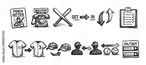 Black and white baseball sketches illustrate pinch hitters, team management, strategies, and statistics for team development.
