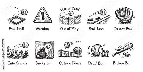 Hand-drawn illustration of baseball situations, including foul ball, warning, out of play, foul line, caught foul, into stands, backstop, and dead ball for infographics.