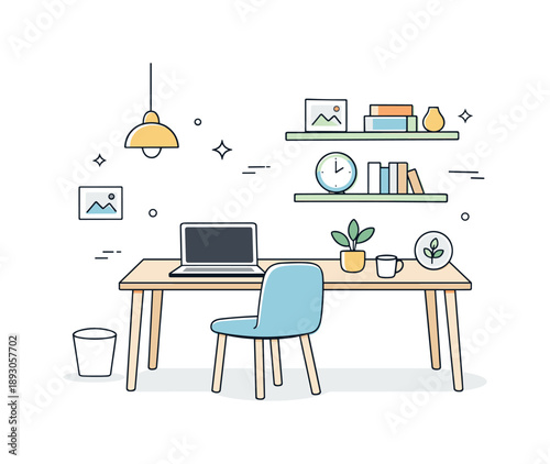 Minimalist Home Office. Minimal home office interior. Desk, chair, laptop and shelves arranged neatly, simplicity and clarity of space. Clean composition with