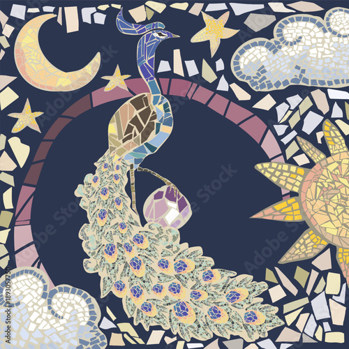 Mosaic with a peacock, moon, sun, stars and clouds. Hand placed parts. Vector, isolated. Original style and artwork