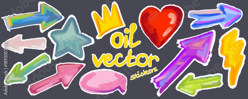 Hand drawn, colorful and fun. With brush texture and artistic style. Vector, isolated. Oil Vector element, crown, hart lightning, star and a different arrows.