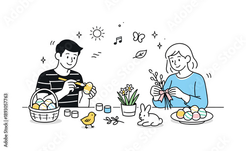 Easter Decoration Collaboration. Easter preparation elements / early Easter. A friendly editorial scene of two people calmly preparing Easter decorations