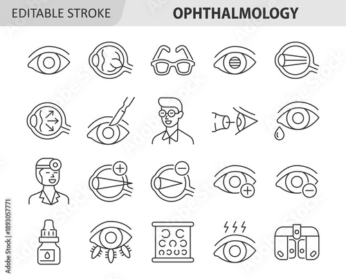 Ophthalmology line icon set. Vision diagnostic and treatment outline symbol. Vector collection with eye, eyeball, person wearing glasses, laser surgery, hyperopia, myopia. Editable stroke.