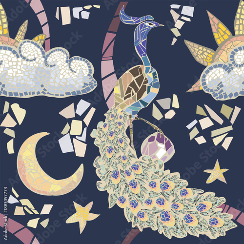 Mosaic pattern with a peacock, moon, sun, stars and clouds. Hand placed parts. Vector, isolated. Original style and artwork