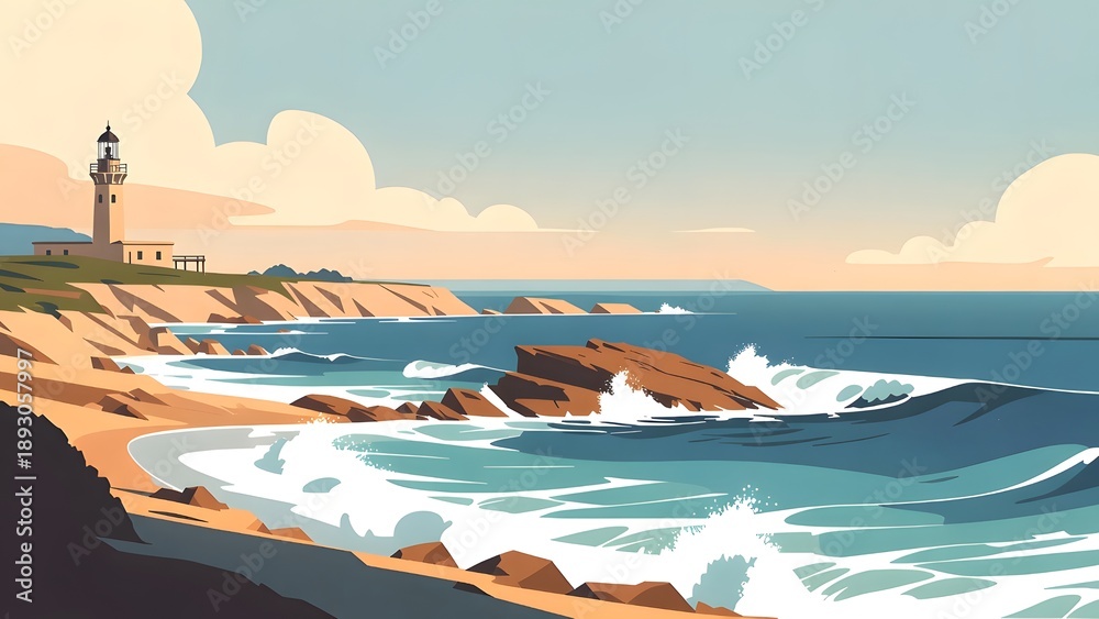 Naklejka premium Coastal landscape with a lighthouse on a rocky headland, waves crashing along the shore under a bright sky