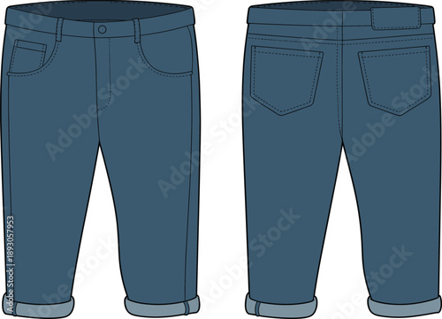 Blue denim pants technical flat sketch, front and back rolled hem design, pocket detail, vector fashion CAD drawing illustration
