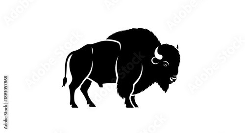 Black and white silhouette of a bison facing right on plain