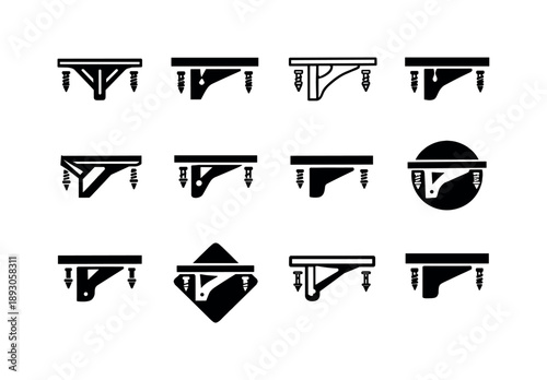 Shelf Installation Icons. Installing shelves. Icon set. Set Logo of Installing shelves: screws and shelf bracket. harmonious logo variations of the same