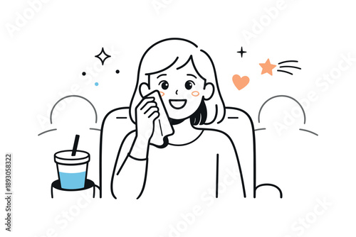 Emotional Cinema Reaction. Cinema audience illustration. A person reacting emotionally to a film scene, holding a tissue or smiling with eyes wide. Gentle