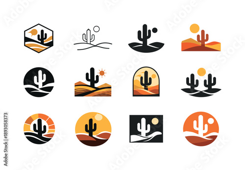Desert Icon Set. Vast desert. Icon set. Set Logo of vast desert: lone cactus on open sand. harmonious logo variations of the same emblematic concept, each with