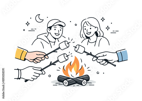 Marshmallow Roasting Fun. Friends roasting marshmallows moment. Close scene focusing on hands holding marshmallows over a small fire, people smiling in the