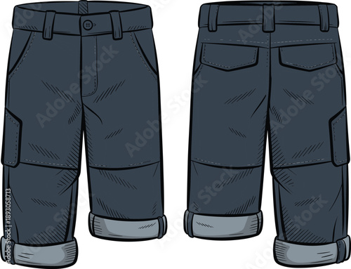 CAD drawing flat vector illustration of blue denim cargo shorts with roll-up hem, flap pockets, belt loops, and stitching detail