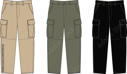 CAD drawing flat vector illustration of cargo pants for men in three colors, fashion technical sketch, front view design