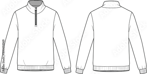CAD drawing flat vector illustration of casual pullover sweatshirt front and back view, technical fashion sketch apparel design template