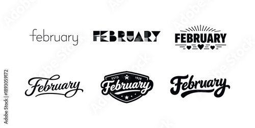 February Lettering Variations. February. Set lettering. harmonious lettering variations of the same emblematic concept, each with different artistic