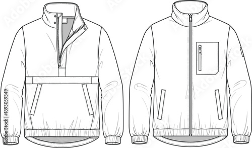 Cad drawing flat vector illustration of men’s technical windbreaker jacket with zipper, pockets, high neck, elastic cuffs, modern outerwear design