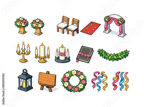 Colorful Ceremony Icons. Ceremony decor. Colorful isometric vector icons set of ceremony decor: altar flowers, ceremony chairs, aisle runner, arch drape,