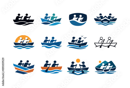 Boating Icon Set. Taking a boat ride. Icon set. Set Logo of taking a boat ride: people boating together. harmonious logo variations of the same emblematic