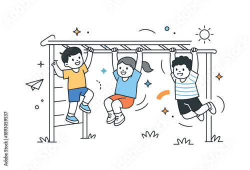 Playful Monkey Bars. Monkey bars playground activity. Children climbing and hanging on monkey bars, playful movement and confidence building in an outdoor