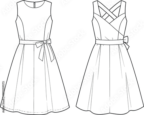 CAD drawing flat vector illustration of sleeveless dress with bow, criss-cross back detail, flared skirt, fashion technical sketch