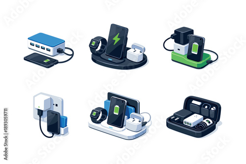 Power Charging Icons. Power charging. Isometric flat vector icons set of power charging: USB charging station, fast charging dock, charging station with power