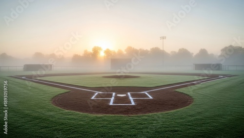 Baseball field at dawn foggy landscape with diamond and sunrise