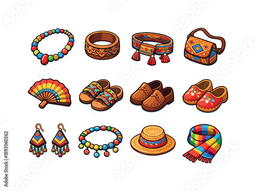 Cultural Accessories Icons. Cultural accessories. Colorful isometric vector icons set of cultural accessories: beaded necklace, carved bracelet, embroidered