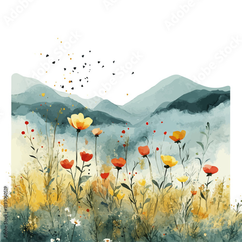 watercolor of Morning Mist In A Spring Meadow draw illustration, isolated on a white background.