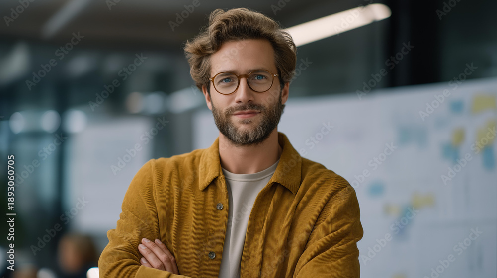 Obraz premium A focused entrepreneur stands proudly in front of a whiteboard covered in strategic plans and order details, showcasing their vision for a startup while engaging with a group of motivated