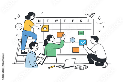 Collaborative Event Planning. Event scheduling teamwork. A calm scene showing multiple people collaboratively planning events on a large calendar, symbolizing