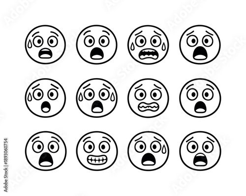 Scared Emoji Icons. Scared face. Line icon set of Scared face: wide eyes, raised eyebrows, open mouth, trembling lips, sweat drop, shocked expression, fearful