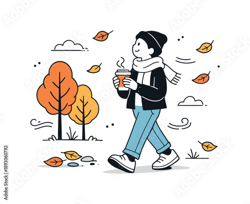 Cozy Autumn Stroll. Autumn walk mood. A relaxed character walking while looking at the trees or holding a warm drink, with gentle wind and scattered leaves