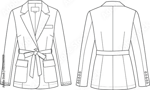 cad drawing flat vector illustration, belted blazer jacket technical sketch, women’s formalwear template, fashion design clothing apparel vector