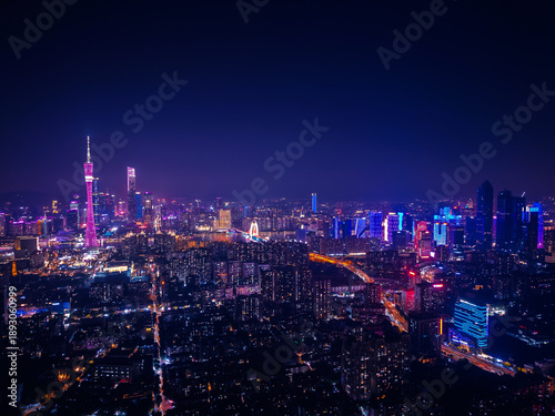 Wallpaper Mural Aerial night view of illuminated Guangzhou skyline with skyscrapers and city lights, travel China Torontodigital.ca