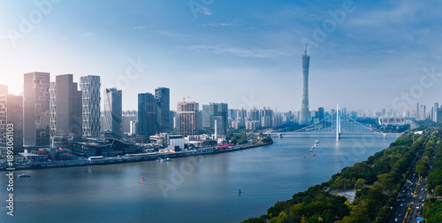 Obraz na płótnie Aerial view panorama cityscape of Guangzhou featuring canton tower and pearl riv