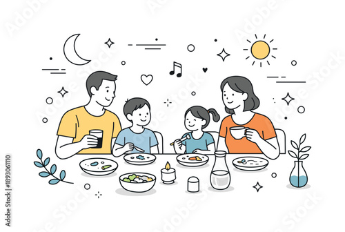 Family Dinner Delight. Family dinner evening. Calm end of the day with family finishing dinner together, peaceful atmosphere and simple happiness with abstract