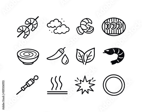 Shrimp Skewer Icons. Shrimp skewers. Line icon set of shrimp skewers: two-piece shrimp skewer, seasoning clouds, citrus twist, grill top view, marinade bowl