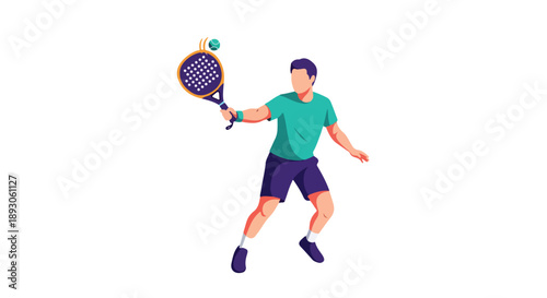 Illustration of a man playing tennis with a racket on a solid white background in a dynamic pose.