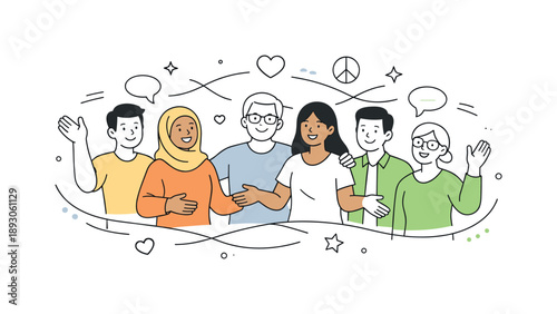 Inclusive Community Connection. Community interaction. Diverse group of people standing together with open gestures and symbolic lines of mutual support.