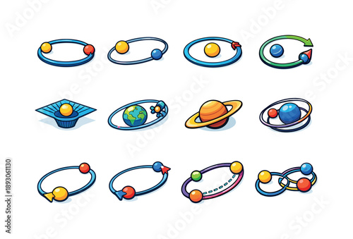 Colorful Space Orbits. Space orbits. Colorful isometric vector icons set of space orbits: orbital path ring, elliptical orbit, circular orbit, retrograde
