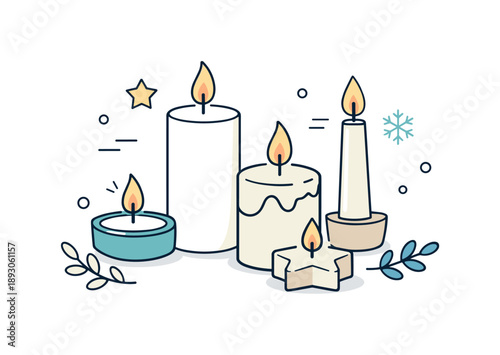 Minimal Winter Candles. Neutral winter candles. Abstract minimal composition with candles as the main focus. Soft modern winter mood with neutral tones and
