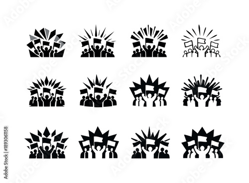 Protest Logos Icon Set. Streets filled with protesters. Icon set. Set Logo of Streets filled with protesters: symbolic protest energy burst. harmonious logo