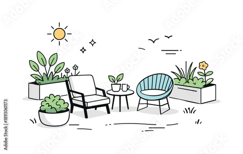 Garden Relaxation Scene. Building a garden space with a seating area and planters for relaxation. An abstract editorial scene showing planters, chairs, and